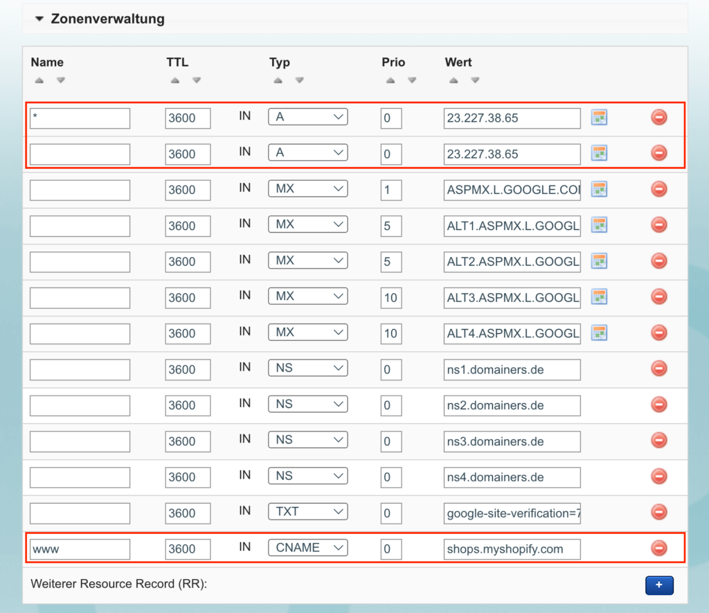 DNS Einstellungen beim Zuweisen einer Domain zu Shopify